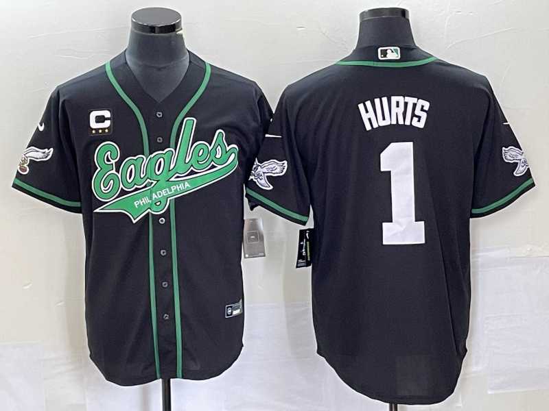 Mens Philadelphia Eagles #1 Jalen Hurts Black With C Patch Cool Base Stitched Baseball Jersey1